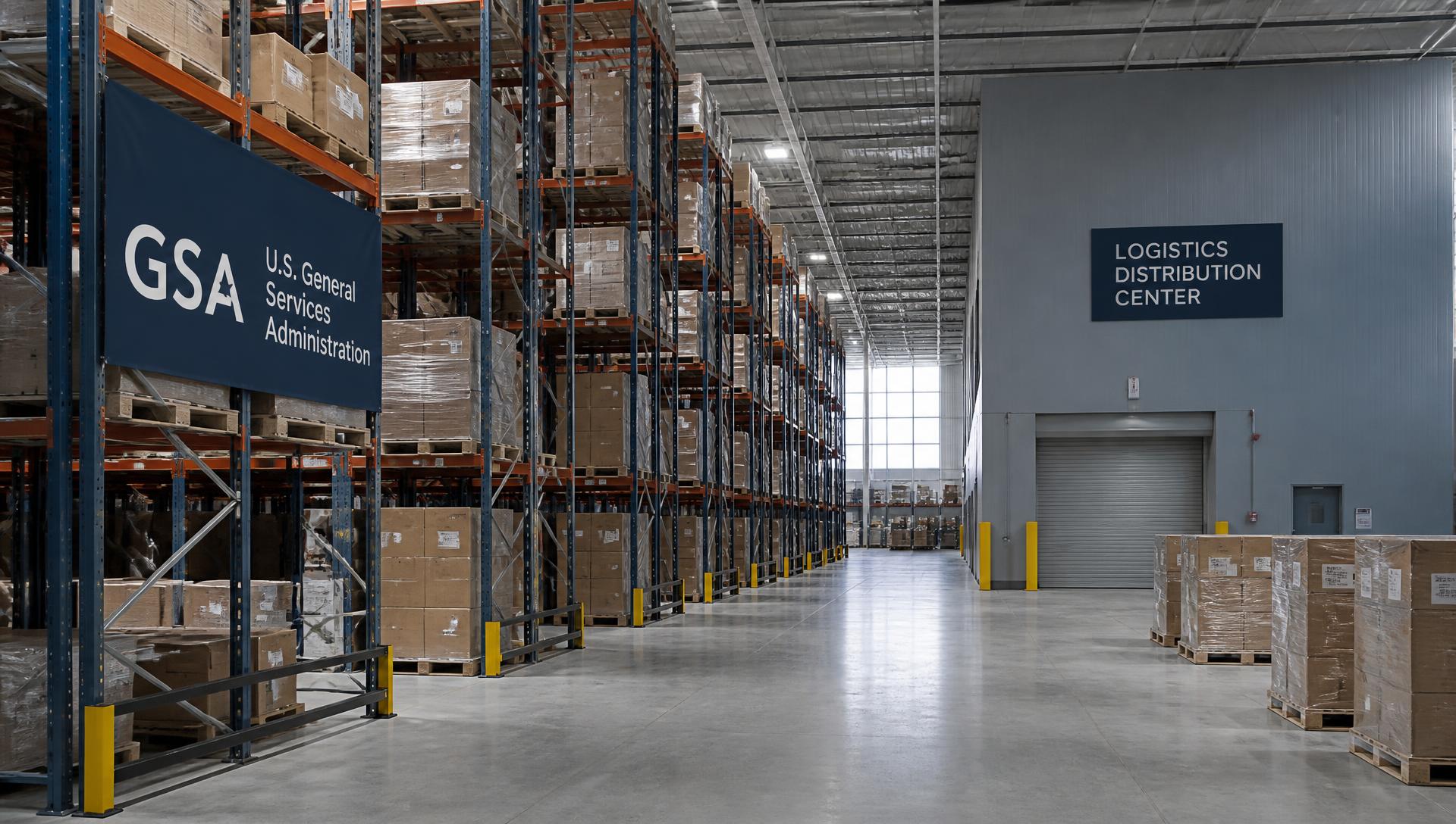 Government logistics distribution warehouse with organized pallet racking